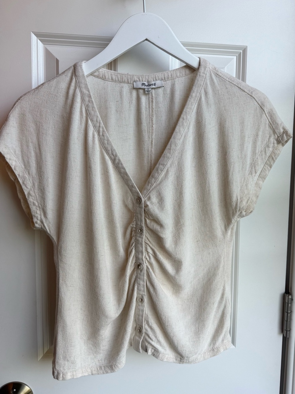 Madewell Cream Button-Front Ruched V-Neck Top